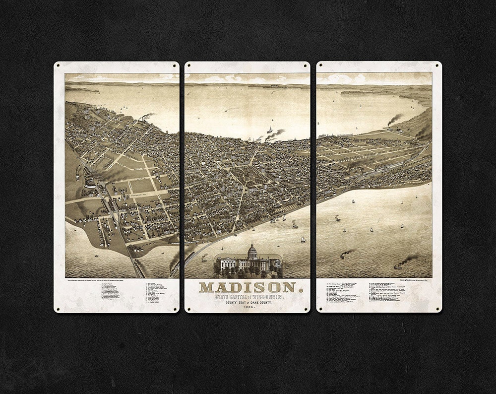 Vintage Madison Wisconsin METAL Map Triptych 36x24 FREE Etsy