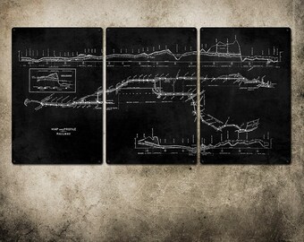 Vintage New York Subway Map Dark Gray METAL triptych 48x24" FREE SHIPPING