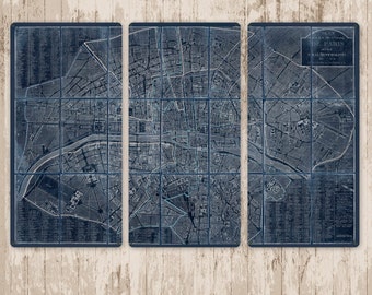 Vintage Map of Paris METAL Triptych 54x36" FREE SHIPPING