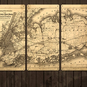 Vintage map of Long Island METAL Triptych 54x36 FREE SHIPPING image 1