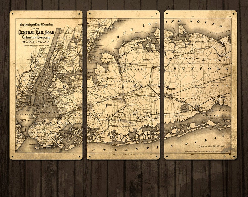 Vintage map of Long Island METAL Triptych 54x36 FREE SHIPPING image 1