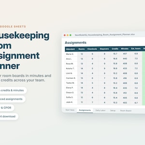 May include: A digital Housekeeping Room Assignment Planner spreadsheet for Excel and Google Sheets. The interface displays a table with columns for attendant names, room counts, checkouts, stayovers, credits, minutes, estimated hours, and board check status.