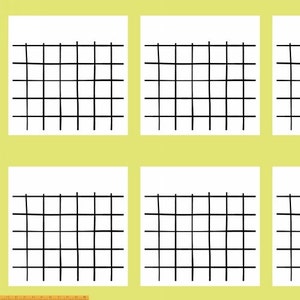 Puede incluir: Seis patrones de cuadrícula en blanco y negro sobre un fondo amarillo. Cada cuadrícula tiene 5 filas y 5 columnas.