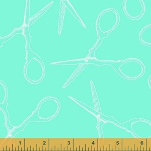 Może przedstawiać: Wzór bez szwów z białych konturów nożyczek na turkusowym tle. Nożyczki są narysowane w stylu vintage.
