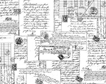 May include: A collage of vintage documents, letters, and stamps in black and white. The design features handwritten script, ledger pages, and postage stamps, creating a textured, antique aesthetic. The overall theme is historical and archival.