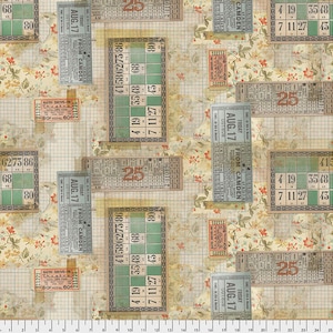 Peut inclure: Un tissu à motif vintage avec un motif répétitif de billets, de grilles et de motifs floraux. Les billets comportent des textes tels que "Vendredi, 17 août, De Camden" et "Bath Drive-In Theatre". Les grilles sont numérotées et sont dans des tons de vert et de brun.