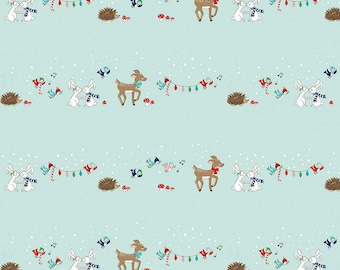 May include: A light blue fabric with a repeating pattern of white bunnies holding hands, brown deer with red bows, hedgehogs, birds, and red and green Christmas lights. The fabric is ideal for crafting projects such as quilts, cushions, and bags.