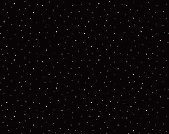 Puede incluir: Tela negra con un patrón de lunares blancos. La tela es un patrón repetitivo de pequeños puntos blancos sobre un fondo negro.