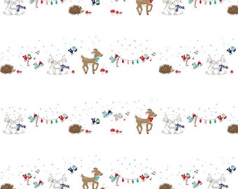 May include: White fabric with a repeating pattern of a deer, two bunnies holding hands, a hedgehog, and birds with a string of lights. The pattern is repeated on a white background with a light blue snowflake pattern.
