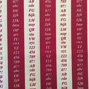 Puede incluir: Una tela a rayas blancas y rojas con las letras del alfabeto, los números 123, 456, 789 y el símbolo 0?! repetidos en columnas.