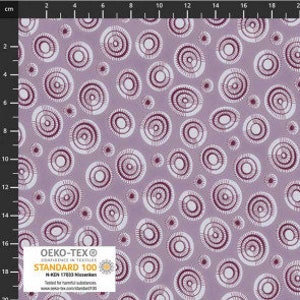 Pode incluir: Tecido roxo com um padrão de círculos brancos e bordô. O tecido é certificado Oeko-Tex Standard 100.