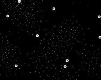 Puede incluir: Fondo negro con un patrón de pequeños puntos blancos y formas blancas más grandes con forma de flor. El diseño crea un efecto celestial o de noche estrellada.