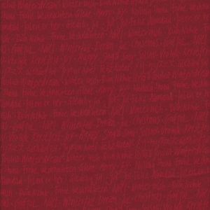 Peut inclure: Tissu rouge foncé avec un motif répété de vœux de vacances en plusieurs langues. Le texte manuscrit comprend des mots comme "Joyeux", "Noël" et "Christmas". Le thème général est festif et saisonnier.