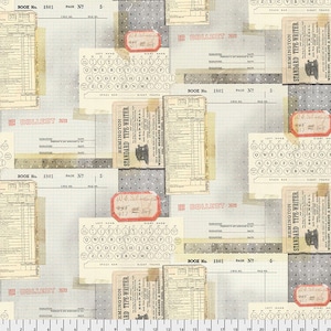 Peut inclure: Un fond de papier numérique à l'esthétique vintage avec un motif répétitif de touches de machine à écrire, de pages de grand livre et du texte qui dit "Remington Standard Type-Writer." Le fond est gris clair avec des points blancs.
