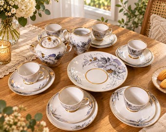 Zestaw do kawy z perełkami LFZ, 21 elementów, wyprodukowany w ZSRR, biała porcelana ze złotymi zdobieniami