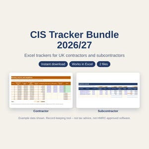 Könnte beinhalten: Ein digitales CIS Tracker Bundle 2026/27 für Excel mit zwei Tabellenkalkulations-Vorschauen, beschriftet als Contractor und Subcontractor. Der Text enthält Instant download, Works in Excel, 2 files und einen Hinweis zu Beispieldaten.