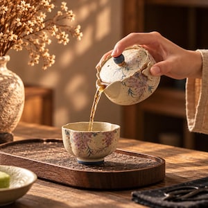 May include: A ceramic teapot with a scalloped rim and a matching teacup, both featuring a speckled cream glaze with painted purple wisteria flowers and green leaves. The teapot has a small blue knob on the lid and is pouring tea into the cup.