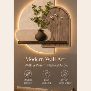 May include: A wall-mounted light fixture featuring a semi-circular textured beige panel and a wooden arched panel. It includes a dark brown vase with green foliage, three small white bird figures, and a shelf, illuminated by a warm LED glow.