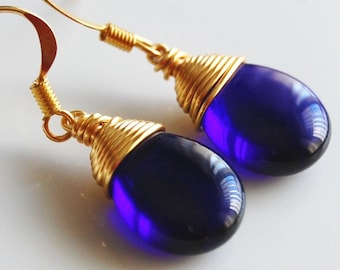 Cobalt Blue Earrings , Royal Blue Earrings , Blue Gold Earrings , Wire Wrapped Dangle Earrings