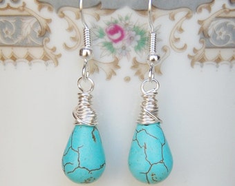 Turquoise Howlite Earrings , Light Blue Earrings , Wire Wrapped Dangle Earrings , December Birthstone