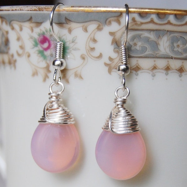 Light Pink Earrings , Pink Silver Earrings , Milky Pink Earrings , Wire Wrapped Dangle Earrings