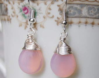 Light Pink Earrings , Pink Silver Earrings , Milky Pink Earrings , Wire Wrapped Dangle Earrings