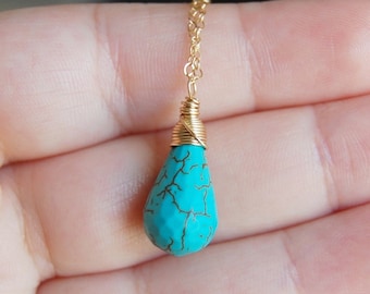 Turquoise Necklace , December Birthstone Necklace , Gold Filled Turquoise Necklace , Wire Wrapped Necklace