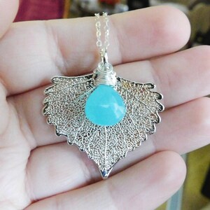 Silver Leaf Necklace with Aqua Chalcedony Wire Wrapped Pendant