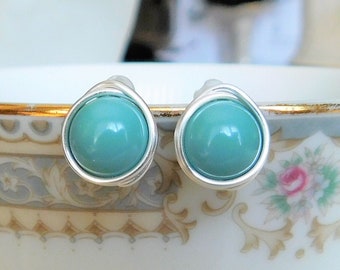 Green Turquoise Post Earrings , Glass Pearl Earrings , Turquoise Pearl Studs