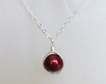 Burgundy Necklace , Bridesmaid Necklace , Bordeaux Glass Pearl Necklace