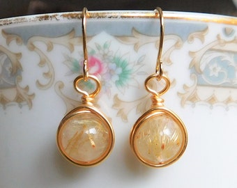Boucles d'oreilles pendantes en quartz rutilé, Boucles d'oreilles en quartz doré, Bijoux en quartz rutilé, Boucles d'oreilles en pierres précieuses