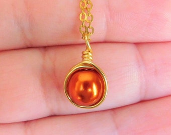 Burnt Orange Necklace , Fall Orange Necklace , Bridesmaids Necklace , Wire Wrapped Glass Pearl Necklace