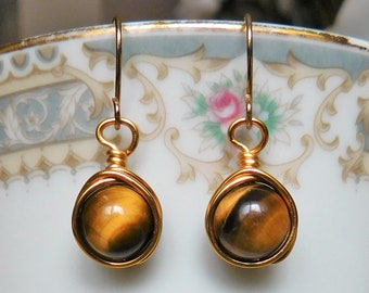 Tiger's Eye Drop Earrings , Brown Crystal Earrings , Yellow Tiger Eye Dangle Earrings