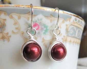 Burgundy Drop Earrings , Bordeaux Pearl Jewelry , Bridesmaid Earrings , Glass Pearl Earrings