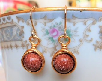 Goldstone Earrings , Fall Earrings , Wire Wrapped Drop Earrings , Autumn Bridesmaid Jewelry