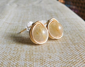 Gold Rutilated Quartz Earrings , Rutilated Quartz Studs, Rutilated Quartz Jewelry , Gemstone Earrings