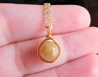 Simple Rutilated Quartz Necklace , Gold Rutilated Quartz , Round Gemstone Necklace