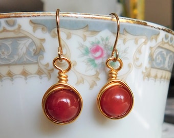 Carnelian Drop Earrings , Red Orange Earrings , Red Crystal Earrings , Small Carnelian Earrings