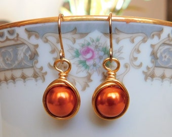 Burnt Orange Earrings , Fall Earrings , Orange Glass Pearl Earrings , Wire Wrapped Drop Earrings