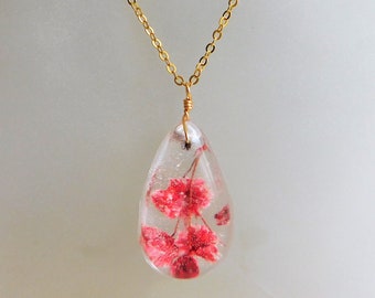 Real Flower Necklace , Resin Flower Pendant , Pink Flower Necklace , Resin Jewelry