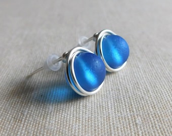 Blue Sea Glass Studs , Sea Blue Earrings , Sea Glass Earrings , Bridesmaid Earrings