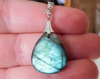 Blue Green Labradorite Necklace ,  Labradorite Teardrop Pendant