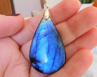 Collier Labradorite Bleu , Collier Labradorite Sterling , Pendentif Labradorite Teardrop