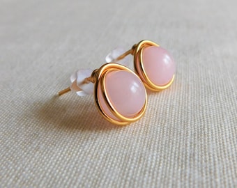 Rose Quartz Studs ,  Light Pink Earrings , Wire Wrapped Rose Quartz Earrings , Bridesmaid Earrings ,