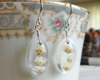 Real Flower Earrings , Resin Flower Earrings , White Flower Earrings , Resin Jewelry