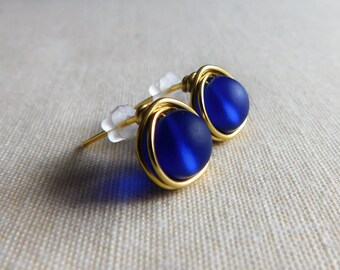 Cobalt Sea Glass Stud Earrings , Cobalt Blue Earrings , Sea Glass Earrings , Bridesmaid Earrings