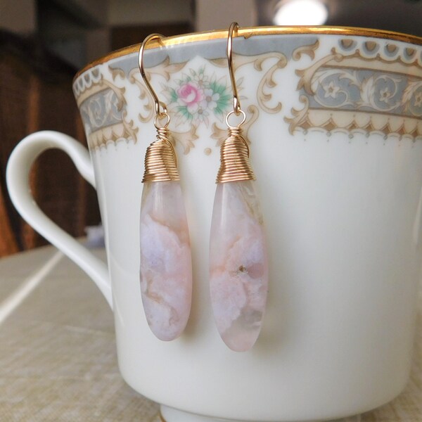 Cherry Blossom Agate Earrings , Pink Agate Earrings , Flower Agate Earrings , Gemstone Earrings