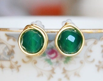 Emerald Agate Studs , Green Agate Earrings , May Birthstone Earrings , Wire Wrapped Studs , Bridesmaid Earrings