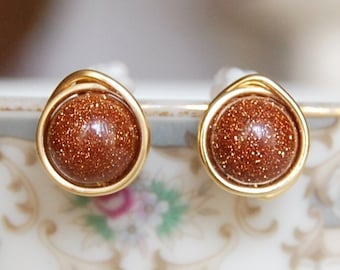 Goldstone Earrings , Fall Earrings , Bridesmaids Earrings , Wire Wrapped Studs