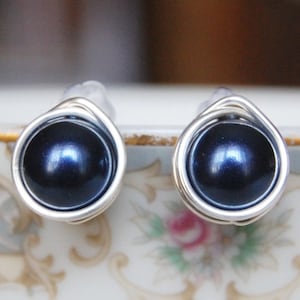 Dark Navy Blue Studs , Bridesmaid Earrings , Navy Earrings , Silver Navy Studs